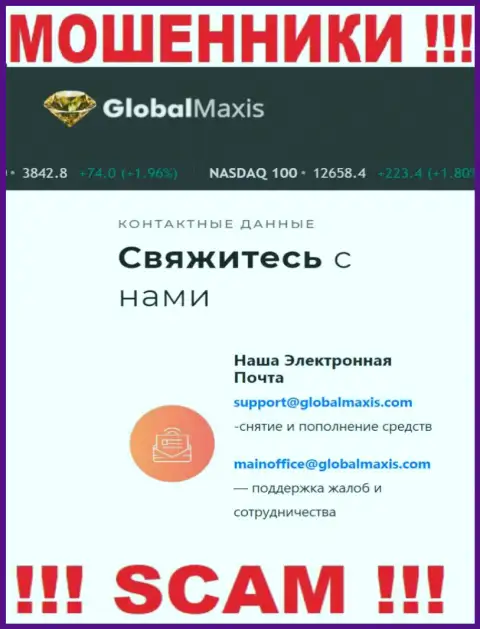 Адрес электронного ящика internet мошенников GlobalMaxis Com, который они указали на своем официальном веб-ресурсе