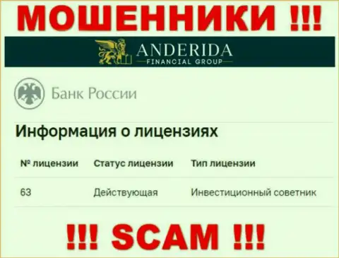 Андерида пишут, что имеют лицензию от ЦБ РФ (сведения с web-сервиса разводил)