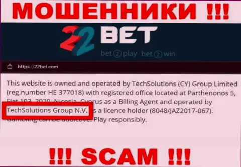 TechSolutions Group N.V. - это компания, которая управляет обманщиками 22 Бет