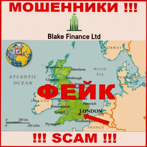 Реальную информацию о юрисдикции BlakeFinance не найти, на сайте компании только лишь ложные данные