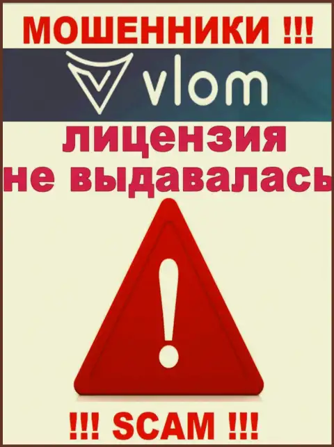 Работа махинаторов Vlom заключается исключительно в присваивании финансовых вложений, поэтому у них и нет лицензионного документа